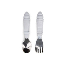 Load image into Gallery viewer, Bumkins Spoon + Fork: Marble includes two utensils with white & gray marble ribbed silicone handles and stainless steel heads.