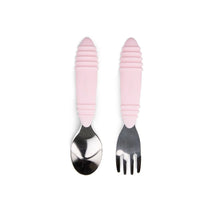 Load image into Gallery viewer, Bumkins Spoon + Fork: Pink includes two utensils with pink ribbed silicone handles and stainless steel heads.