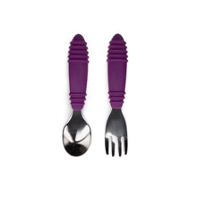Load image into Gallery viewer, Bumkins Spoon + Fork: Purple includes two utensils with purple ribbed silicone handles and stainless steel heads.
