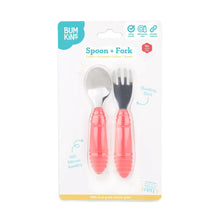 Load image into Gallery viewer, Bumkins Spoon + Fork: Red is shown affixed to a white packaging card with a clear molded plastic front.