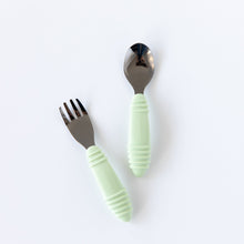 Load image into Gallery viewer, Bumkins Spoon + Fork: Sage rests on a white background.