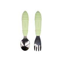 Load image into Gallery viewer, Bumkins Spoon + Fork: Sage includes two utensils with light green ribbed silicone handles and stainless steel heads.