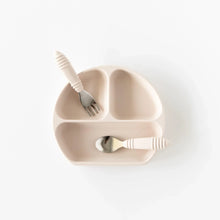 Load image into Gallery viewer, Bumkins Spoon + Fork: Sand sits on a matching divided plate on a white background.