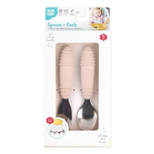 Load image into Gallery viewer, Bumkins Spoon + Fork: Sand is shown in a white packaging box with a clear front window displaying the set of utensils.