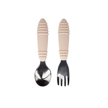 Load image into Gallery viewer, Bumkins Spoon + Fork: Sand, made from food-safe silicone, features beige textured handles and stainless steel heads.