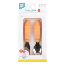 Load image into Gallery viewer, Bumkins Spoon + Fork: Tangerine is shown in a white packaging box with a clear front window displaying the set of utensils.