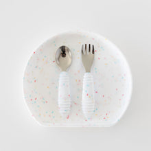Load image into Gallery viewer, Bumkins Spoon + Fork: Vanilla Sprinkle rests on top of a matching plate on a white background.