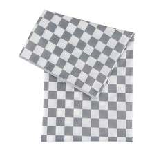 Load image into Gallery viewer, Bumkins Splat Mat: Charcoal Check features a gray and white checkered pattern and waterproof surface for easy cleaning.