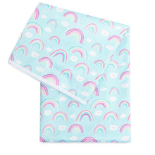 Load image into Gallery viewer, Bumkins Splat Mat: Rainbows features light blue waterproof fabric with a colorful rainbow and cloud design and a white trim.
