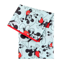 Load image into Gallery viewer, Bumkins Splat Mat: Mickey Mouse is a light blue waterproof mat with Mickey Mouse illustrations and a red trim.