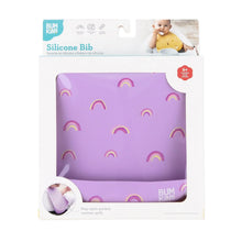 Load image into Gallery viewer, Bumkins Silicone Bib: Rainbows is shown in a white packaging box with a clear front window displaying the bib.