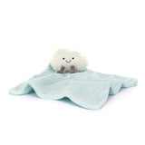 A Jellycat Soother Amuseables Cloud featuring a plush white cloud with brown legs attached to a soft, light blue baby blanket.