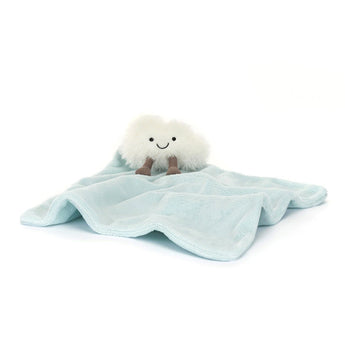A Jellycat Soother Amuseables Cloud featuring a plush white cloud with brown legs attached to a soft, light blue baby blanket.