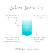 Load image into Gallery viewer, Infographic of Bumkins Silicone Starter Cup: 100% food-safe platinum silicone, weighted bottom, safe to use with cold and hot liquids.
