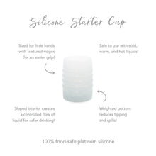 Load image into Gallery viewer, Infographic of Bumkins Silicone Starter Cup: 100% food-safe platinum silicone, weighted bottom, safe to use with cold and hot liquids.