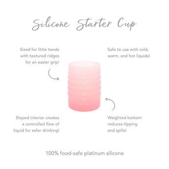 Infographic of Bumkins Silicone Starter Cup: 100% food-safe platinum silicone, weighted bottom, safe to use with cold and hot liquids.