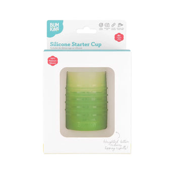 Bumkins Silicone Starter Cup: Sage is shown in a white packaging box, with a front window displaying the cup.
