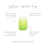 Infographic of Bumkins Silicone Starter Cup: 100% food-safe platinum silicone, weighted bottom, safe to use with cold and hot liquids.