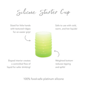 Infographic of Bumkins Silicone Starter Cup: 100% food-safe platinum silicone, weighted bottom, safe to use with cold and hot liquids.