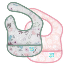 Load image into Gallery viewer, Bumkins Starter Bib 2 Pack: Floral & Lace includes two floral waterproof bibs with front pocket and adjustable neck closure.