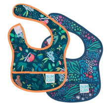 Load image into Gallery viewer, Bumkins Starter Bib 2 Pack: Jungle & Animal Prints includes 2 dark blue waterproof bibs with animal designs.
