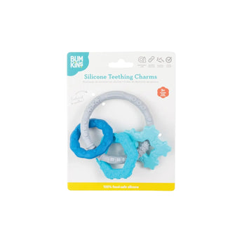 Bumkins Silicone Teething Charms: Blue is shown affixed to a white cardboard packaging card.