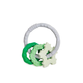 Bumkins Silicone Teething Charms: Green includes a gray ring with 3 green charms, all made of textured food-safe silicone.