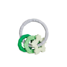 Load image into Gallery viewer, Bumkins Silicone Teething Charms: Green includes a gray ring with 3 green charms, all made of textured food-safe silicone.