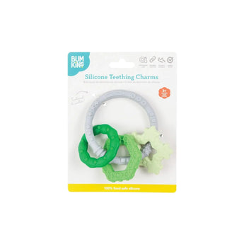Bumkins Silicone Teething Charms: Green is shown affixed to a white cardboard packaging card.