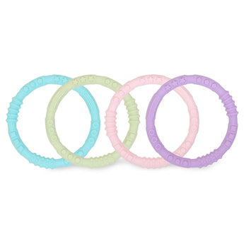 Bumkins Silicone Teething Rings 4 Pack: Spring includes 4 pastel teething rings made from textured, food-safe silicone.