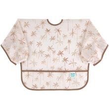 Load image into Gallery viewer, Bumkins Sleeved Bib: Palm Daze features waterproof fabric, a light brown palm tree pattern, and a pocket—ideal for baby-led weaning.