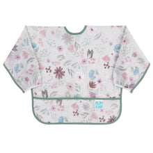 Load image into Gallery viewer, Bumkins Sleeved Bib: Floral is made of gray waterproof fabric with a floral design, green trim, front pocket, and adjustable closure.
