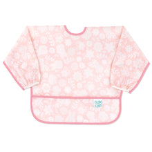 Load image into Gallery viewer, Bumkins Sleeved Bib: Lace—pink waterproof fabric with a white floral lace design, front pocket, and adjustable closure.