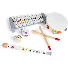 Load image into Gallery viewer, Janod Juratoys Confetti Musical Set: Xylophone, tambourine, maracas, wood sticks, recorder on a white background. Ideal for role-play!.