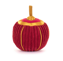 Load image into Gallery viewer, Check out the Jellycat Amuseables Rayray Lantern: a red plush, pumpkin-shaped toy with gold accents and brown stem. Safe from birth!.