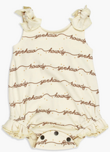 Organic Bowtie Bodysuit, Howdy: cream sleeveless bodysuit with ruffles and brown "howdy" & "yeehaw" pattern; made of 100% organic cotton