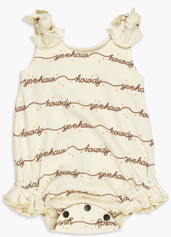 Organic Bowtie Bodysuit, Howdy: cream sleeveless bodysuit with ruffles and brown "howdy" & "yeehaw" pattern; made of 100% organic cotton