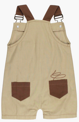 Back of Western Overall: tan overalls with brown straps and two brown pockets with lasso design; made of 100% organic cotton.