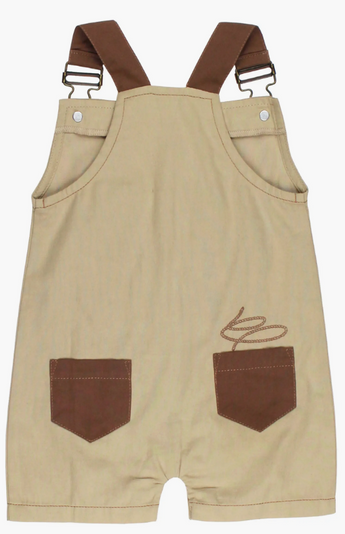 Back of Western Overall: tan overalls with brown straps and two brown pockets with lasso design; made of 100% organic cotton.