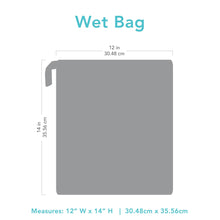 Load image into Gallery viewer, Gray silhouette of the Bumkins Wet Bag with dimensions—width: 12 in (30.48 cm), height: 14 in (35.56 cm).