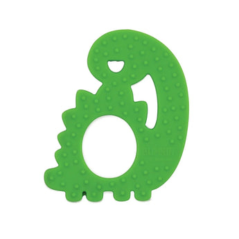 Back-view of Bumkins Silicone Teether: Dinosaur, showcasing sensory teething bumps.