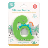 Bumkins Silicone Teether: Dinosaur is shown affixed to a tropical-themed packaging card with a clear molded plastic front.