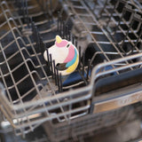Bumkins Silicone Teether: Unicorn sits in the top rack of an open dishwasher.