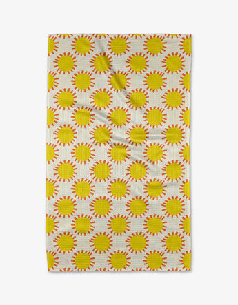 Geometrys Sunny Day Tea Towels feature premium microfiber with bright yellow suns and orange rays, perfect for your kitchen.