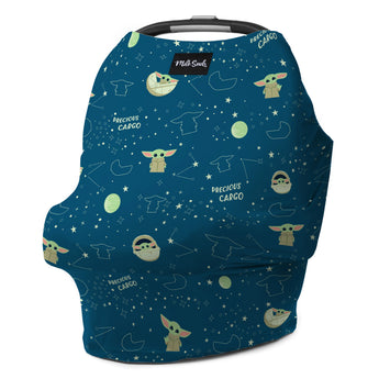 Milk Snobs Star Wars The Child car seat cover features a space-themed design with green creatures, hats, stars, and Precious Cargo.