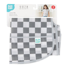 Load image into Gallery viewer, Bumkins Junior Bib: Charcoal Check is shown folded on white cardboard packaging.