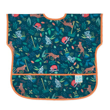 Load image into Gallery viewer, Bumkins Junior Bib: Jungle features animal illustrations on dark teal waterproof fabric, orange trim, front pocket, and adjustable closure.