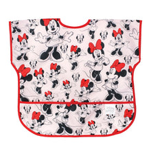Load image into Gallery viewer, Bumkins Junior Bib: Minnie Mouse Classic features pink waterproof fabric with Minnie Mouse illustrations, red trim, and front pocket.