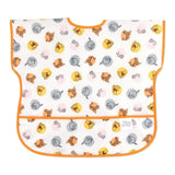 Bumkins Junior Bib: Winnie and Friends is made of white waterproof fabric with a colorful character design, orange trim, and front pocket.