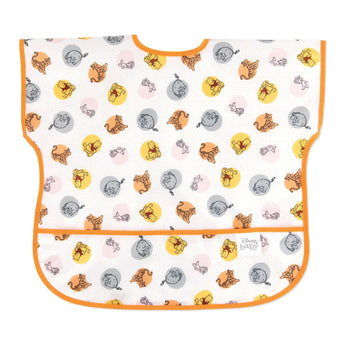 Bumkins Junior Bib: Winnie and Friends is made of white waterproof fabric with a colorful character design, orange trim, and front pocket.